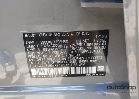 2024 Honda Hr-V 2Wd Sport/2Wd Sport W/O Bsi from USA, damaged, VIN 3CZRZ1H5XRM732045